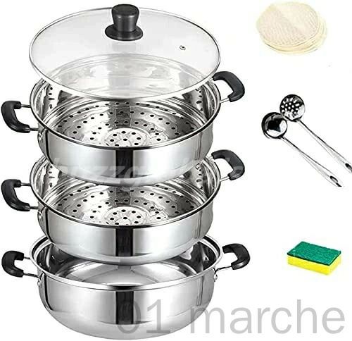 蒸し鍋 二段 三段 複数サイズ対応 3層底構造 蒸し器 蒸しもの鍋 IH対応各種熱源対応 ガラス蓋付きステンレス製 多機能蒸し料理用鍋