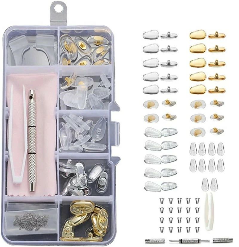 メガネ鼻パッド 眼鏡 鼻パッド メガネ シリコン 柔らかい 25ペア 5種類 ノーズパッド ずれ落ち防止 メガネ用 鼻あて 修理キット エアクッション ハード 金属 交換セット パッド跡軽減 ドライバー ネジ クロス ピンセット ケース付き クロスのカラーはランダムで発送(4)