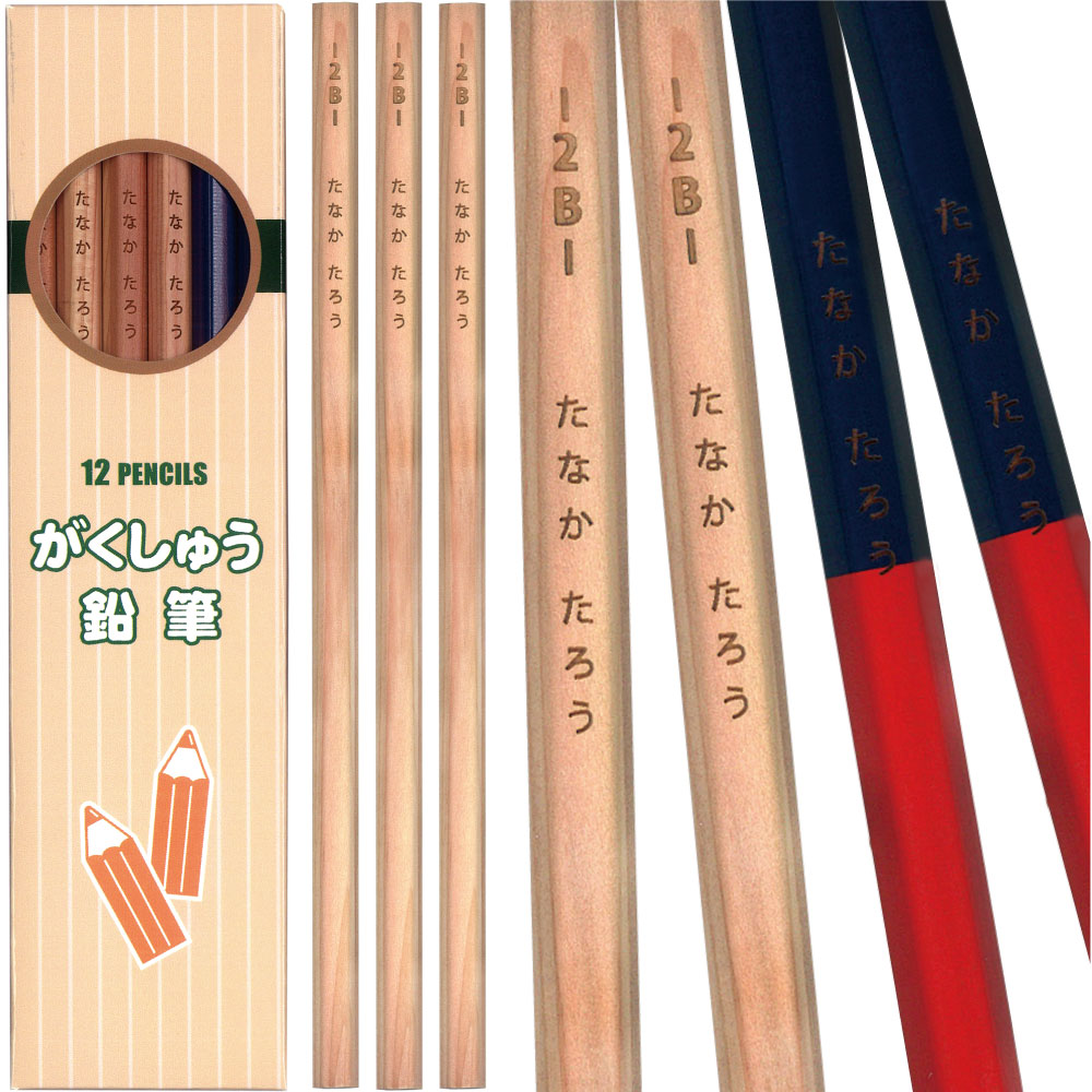 日本製 鉛筆 名入れ 鉛筆 2B がくしゅう 鉛筆 2B 10本 ＋ 赤青5:5鉛筆 2本 木軸 無地 入学祝い 名入れ無料祝 卒園 卒園記念 1ダースから 送料無料 鉛筆 名入れ 国産 レーザー彫刻 ひらがな 漢…