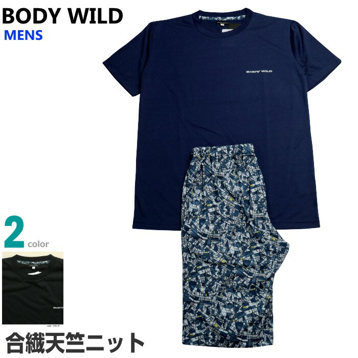 ボディワイルド パジャマ メンズ Mサイズ メンズ パジャマ 半袖 半ズボン BODY WILD グンゼ 天竺ニット 合繊 丸首 プルオーバー 薄手