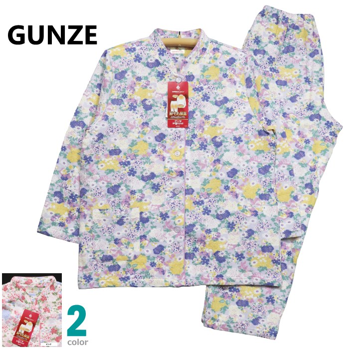 GUNZE [サイズ] 婦人：Mサイズ バスト：79～87cm 【上着詳細サイズ】 着丈：67cm　裄丈：71cm　胸囲：110cm（脇の下） 【パンツ詳細サイズ】 総丈：92cm　股下：63cm &nbsp; [カラー] パープル／ピンク [組成] 本体：綿60％ポリエステル40％ 重ね布：綿55％レーヨン25％レーヨン20％ [原産国] インドネシア製 &nbsp; ●[GUNZE グンゼ]の秋冬に着ていただける冷え対策された婦人長袖・長パンツパジャマ。 ●素材は上着・ズボン共生地で綿60％ポリエステル40％の縦向きに波状にキルトされた綿混のソフトニットキルト地を使用しています。 また、冷えやすい肩とももの部分に発熱素材を合わせ縫製してありますので寒がりの方にはおすすめの暖か設計です。 ●上着はマオカラーで前あき全開ボタンタイプ。 前身頃下にポケットがあります。 ●パンツのウエストは広ゴム仕様でゴム取り替え口もあります。 ●パーソナルプレゼントにもおすすめです。 &nbsp; ※画面上のカラーはご使用ブラウザやモニターの設定により、実物とは若干異なる場合がございます。 関連ワード：婦人 レディース パジャマ ナイティ ルームウエア ナイトウエア 上下セット 秋冬 長袖 長パンツ 発熱 綿混 キルト ニット フンワリ 暖か 伸縮 マオカラー 前開き 全開 肌ざわり GUNZE グンゼ ブランド プレゼント ギフト ラッピング 母の日 お見舞い 敬老 誕生日 ブライダル &nbsp;