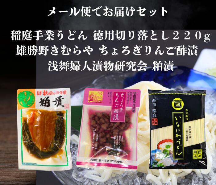 送料無料 浅舞婦人漬物研究会 粕漬 と 雄勝野きむらやちょろぎりんご酢漬 稲庭手業うどん切り落とし220g セット メール便でお届けします