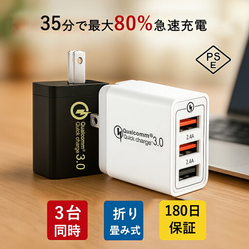 【期間限定2点10%OFFクーポン】【高評価4.5点超え&180日保証】QC3.0 急速充電器 3ポート USB コンセント 折り畳み式 3台同時充電可能 2.4A 高速出力 iPhone 充電器 スマホ充電器 iPhone Android対応 PSE認証済 【期間限定2点10%OFFクーポン】【高評価4.5点超え&180日保証】QC3.0 急速充電器 3ポート USB コンセント 折り畳み式 3台同時充電可能 2.4A 高速出力 iPhone 充電器 スマホ充電器 iPhone Android対応 PSE認証済