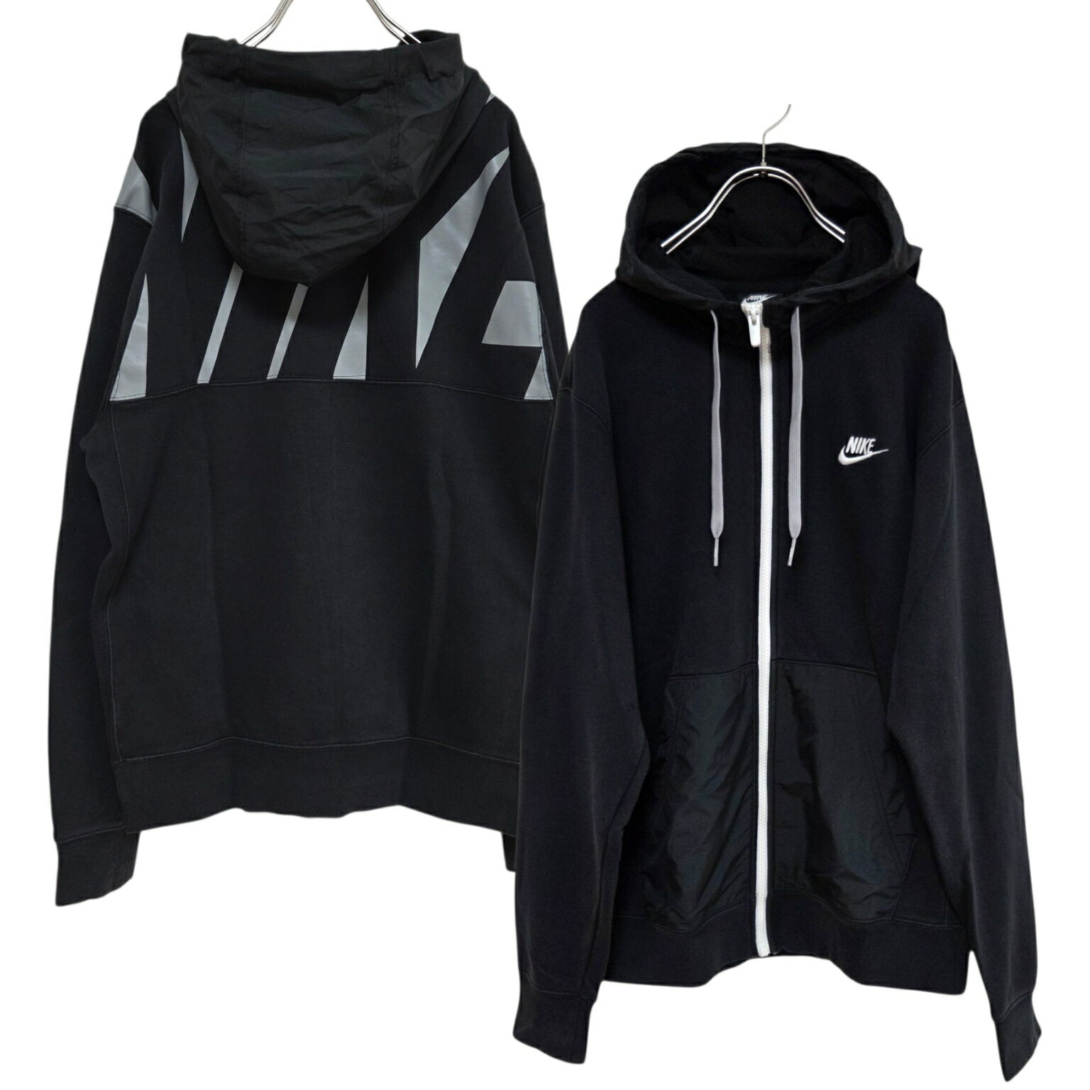 韓国古着　NIKE　SWOOSH　異素材切り替えバックロゴジップアップパーカー　ブラック　サイズS