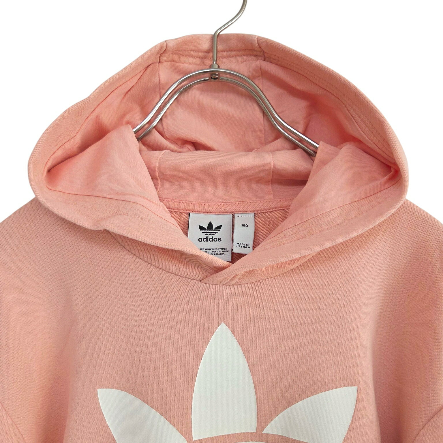 古着　韓国　アディダスオリジナルス　adidas originals KIDS　パーカー　スウェット　プルオーバー　ビッグトレフォイル　サーモンピンク　キッズ　ジュニア　女の子　男の子　子供服　160　レディース　XS　S　中古　ヴィンテージ　ユーズド 2