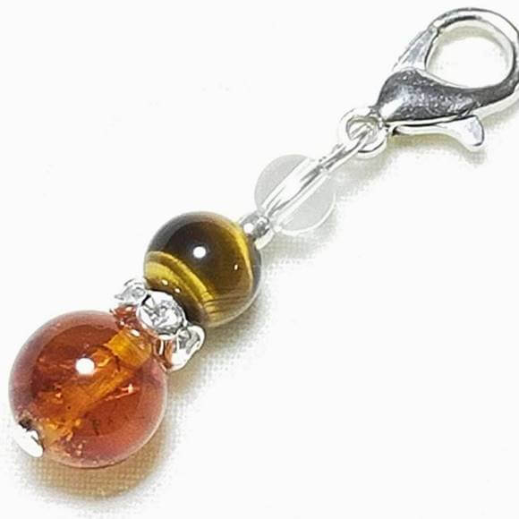 アンバー 琥珀 タイガーアイ 虎目石 水晶 ロンデル カニカン付 天然石チャーム 天然石 パワーストーン ストラップ バッグチャーム キーホルダー スマホアクセ...