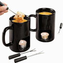 チョコフォンデュ チーズフォンデュ パーソナルフォンデュマグ 1人用フォンデュ 2セット ブラック KOVOT Personal Fondue Mugs Set of 2 Ceramic Fondue Mugs and Forks Single Vent (Black) スイス料理 チーズ料理