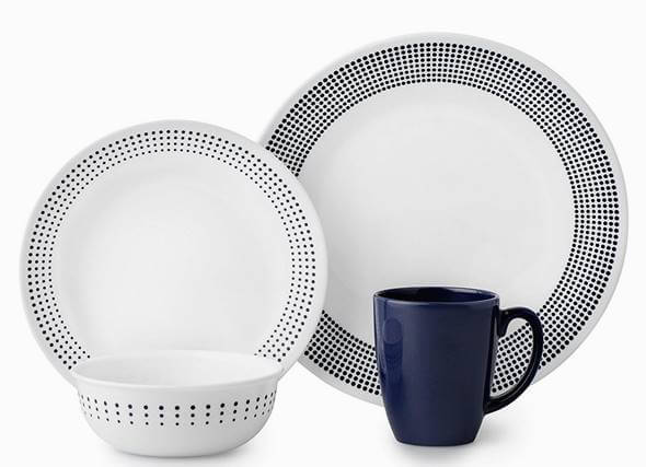 コレール 食器16点セット ディナーウェアー ベイサイドドット ネイビー・ホワイト マグカップ Corelle 3654A Bayside Dots Navy Dinner Set, Navy, White