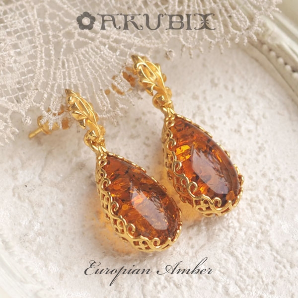 【バルト海の琥珀】クラシカルデザイン ゴールドピアス【送料無料】【ケース付】【ak0405】【Sランク】ジュエリー 天然石 パワーストーン ギフト 贈り物 誕生日 こはく gold amber ラッピング