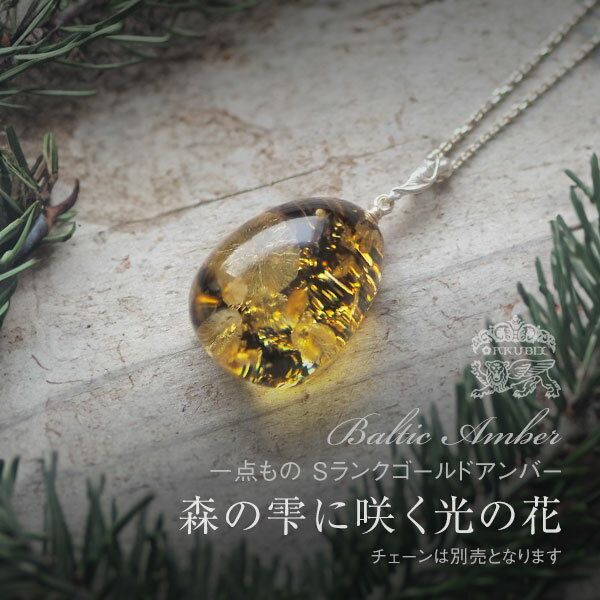 乐天商城 - 【バルト海の琥珀】 森の雫に咲く光の花　琥珀ペンダントトップ ドロップ型 【送料無料】【ケース付】【チェーン別売】【st0675】【Sランク】雫型 ゴールド シルバー 天然石 パワーストーン ルース こはく ギフト 贈り物 ネックレス ラッピング ジュエリー
