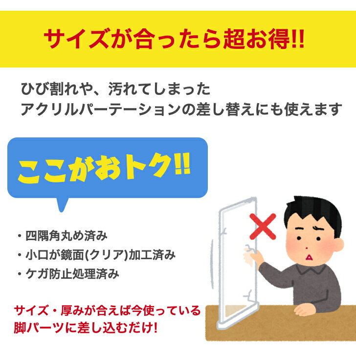 アウトレット アクリル板 3mm厚 525x350mm/ アクリルパーテーション 差し替え セール品 鏡面加工 角丸め加工　アクリル板　交換 差し替え 破損 入れ替え　パーツ 代替え　格安 透明　日本メーカー　国産 525mm 厚さ3mm