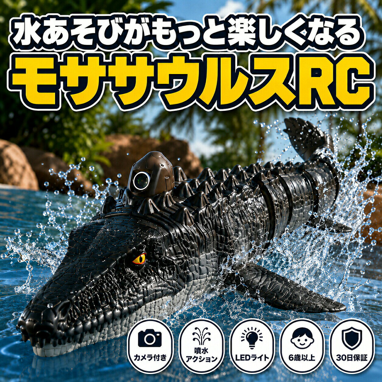 モササウルス ラジコン カメラ付き 水遊び おもちゃ 船 恐竜 RC ウォータートイ 噴水アクション LEDライト ダブルモーター 水感知 自動停止 コントローラー付き 約20分使用 交換式電池 6歳以上 プール お風呂 夏休み プレゼント 30日保証迫力のモササウルスが水面をスイスイ進む。カメラ付き噴水アクションLEDライト搭載で、水あそびがもっと楽しくなるRCウォータートイ。————————————対象年齢は6歳以上。プールお風呂おうちの水あそび夏休みの遊び時間におすすめです。恐竜好きのお子さまへのプレゼントにもぴったりな、見た目も遊び心も楽しめるアイテムです。————————————注意事項：本製品は充電式ではありません。使用後は電池交換が必要です。使用時間は約 20 分です。使用環境や操作状況により異なる場合があります。電池の交換方法や使用可能な電池については、商品仕様販売ページの案内をご確認ください。水遊び用のおもちゃですが、完全防水を保証するものではありません。使用後は水分を拭き取り、乾燥した場所で保管してください。バッテリー部を開閉する際は、フタやパッキン部分に水分砂異物が付着していないか確認してください。水から離れると自動停止する設計ですが、使用環境により反応が異なる場合があります。小さなお子さまが使用する場合は、必ず保護者の方の目の届く範囲でご使用ください。プールやお風呂で使用する際は、周囲の安全を確認してから遊んでください。海水泥水強い流れのある場所での使用は避けてください。