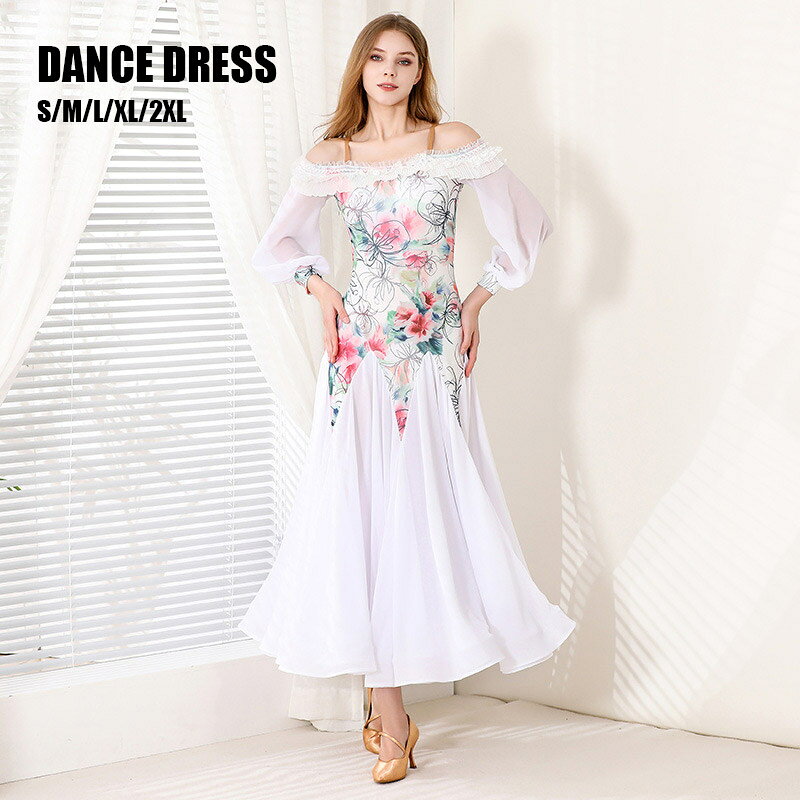 社交ダンスダンス服ダンスドレスワルツおしゃれ豪華大きい裾ネイビー花柄長袖パフスリーブ舞踏会ステージ忘年会イベントパーティ発表会祭りSMLXL2XL