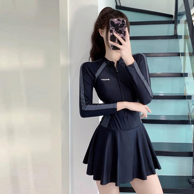 水着ワンピース長袖ラッシュガードスカート一体型オールインワンインナーパンツ付きパッド入りノンワイヤースイムウェアレディース女性露出控え海プール