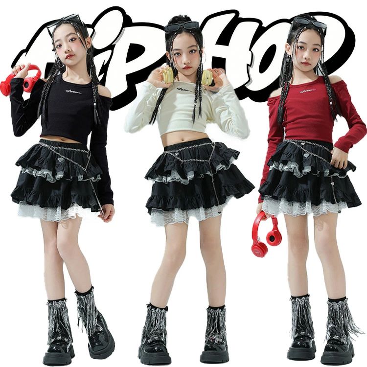 Top & Bottom Sets - キッズ ダンス 衣装 スカート キッズ ダンス 衣装 セットアップ 女の子 キッズ ダンス衣装 ダンス スカート キッズ キッズ ダンス 衣装 赤 キッズ ダンス 衣装 可愛い ダンス トップス へそ出し キッズ キッズ ダンス 肩出し 韓国 ダンス 衣装 キッズ