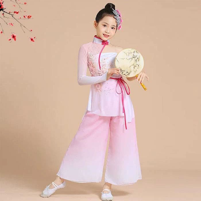 樂天商城 - 子供 古典ダンス衣装 女の子 中華古典舞踊 民族ダンス 衣装 扇子古典ダンスウェア 花刺繍 ブラウス グラデーション ダンスパンツ 飄逸 エスニック 中華民族ダンス 衣装 舞台 演出服 学園祭 文化祭 コスチューム 発表会 ダンス衣装 ステージ衣装 団体服 ピンク 110-170