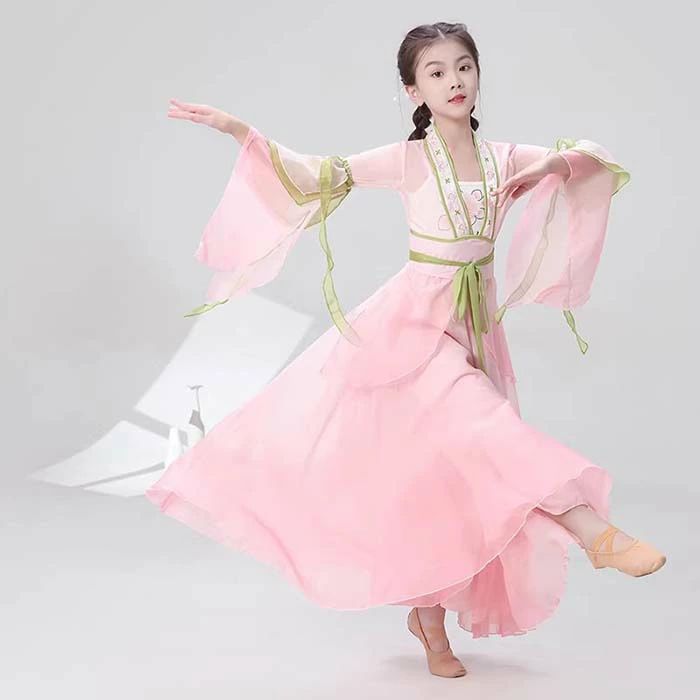 子供 古典ダンス衣装 中華風 ダンス衣装 セットアップ 女の子 中華古典舞踊 民族ダンス 衣装 扇子古典ダンスウェア ロング丈羽織 グラデーション スカート風ガウチョパンツ 飄逸 演出服 学園祭 文化祭 漢服コスチューム 発表会 ダンス衣装 舞台 ステージ衣装 団体服 120-170 2