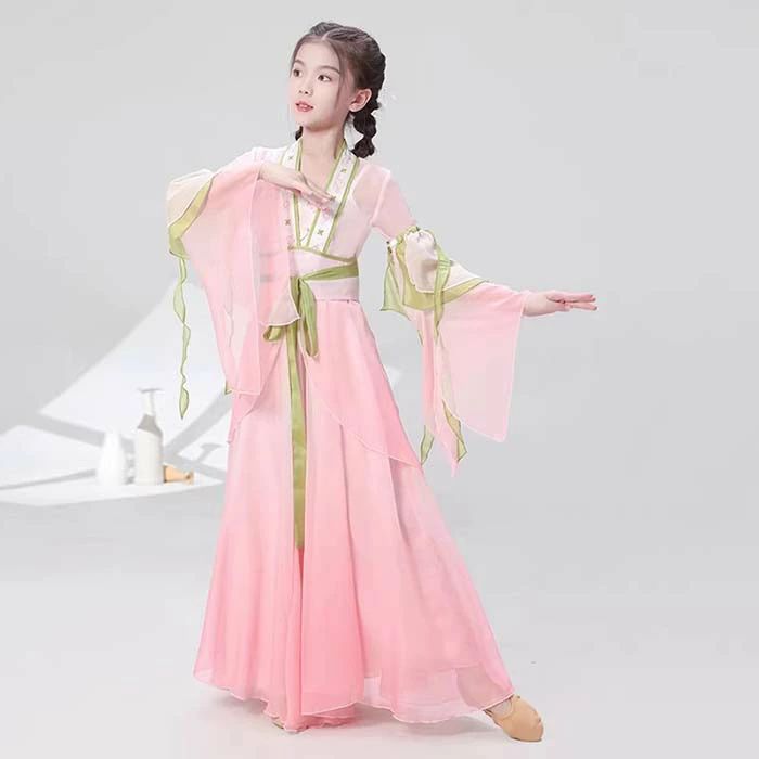子供 古典ダンス衣装 中華風 ダンス衣装 セットアップ 女の子 中華古典舞踊 民族ダンス 衣装 扇子古典ダンスウェア ロング丈羽織 グラデーション スカート風ガウチョパンツ 飄逸 演出服 学園祭 文化祭 漢服コスチューム 発表会 ダンス衣装 舞台 ステージ衣装 団体服 120-170 3