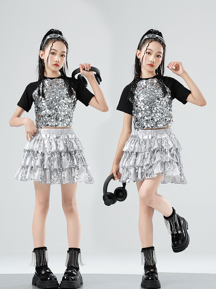 其它 - キッズ 子供用 ダンス 衣装 セットアップ 花 半袖Tシャツ ティアード 3段フリル スパンコールフリンジ ジャズ ダンス衣装 派手 ダンス衣装 女の子 おしゃれ ダンス 服 発表会 HIPHOP ジュニア 大きいサイズ 150 160 170 180 ハロウィン コスプレ 仮装 衣装