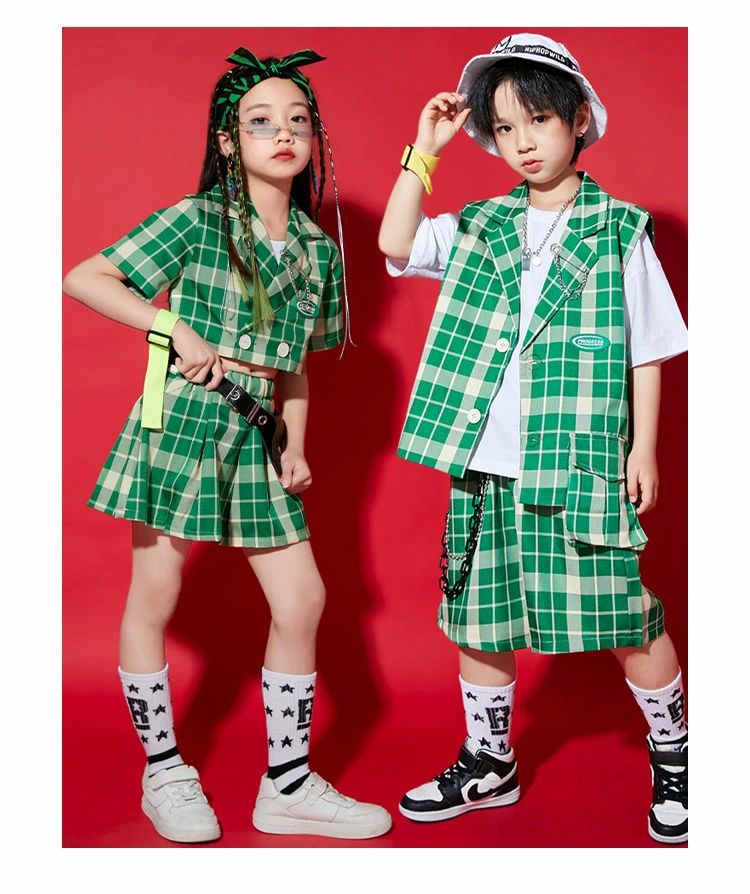 キッズダンス衣装 グリーン ベスト チェック柄 セットアップ セットアップ 半ズボン 男の子 女の子 ミックスチーム ヒップホップ ジャズ 応援団 HIPHOP K-POP ステージ 舞台 イベント 発表会 110-180 - 3