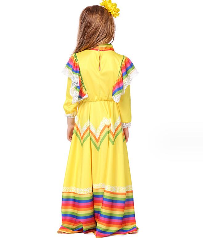 Akyron Styleの子供服 ワンピース ドレス ロング丈 ダンスウェア 女の子 ハロウィン衣裳 コスプレ仮装 メキシコ ボヘミア風 ボーダー cosplay 仮装パーティー イペント 学園祭 文化祭 ステージ舞台演出服団体服 イエロー レッド ブルー グリーン ピンク XS S M L｜アングル2