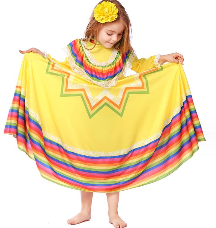 Akyron Styleの子供服 ワンピース ドレス ロング丈 ダンスウェア 女の子 ハロウィン衣裳 コスプレ仮装 メキシコ ボヘミア風 ボーダー cosplay 仮装パーティー イペント 学園祭 文化祭 ステージ舞台演出服団体服 イエロー レッド ブルー グリーン ピンク XS S M L｜アングル3