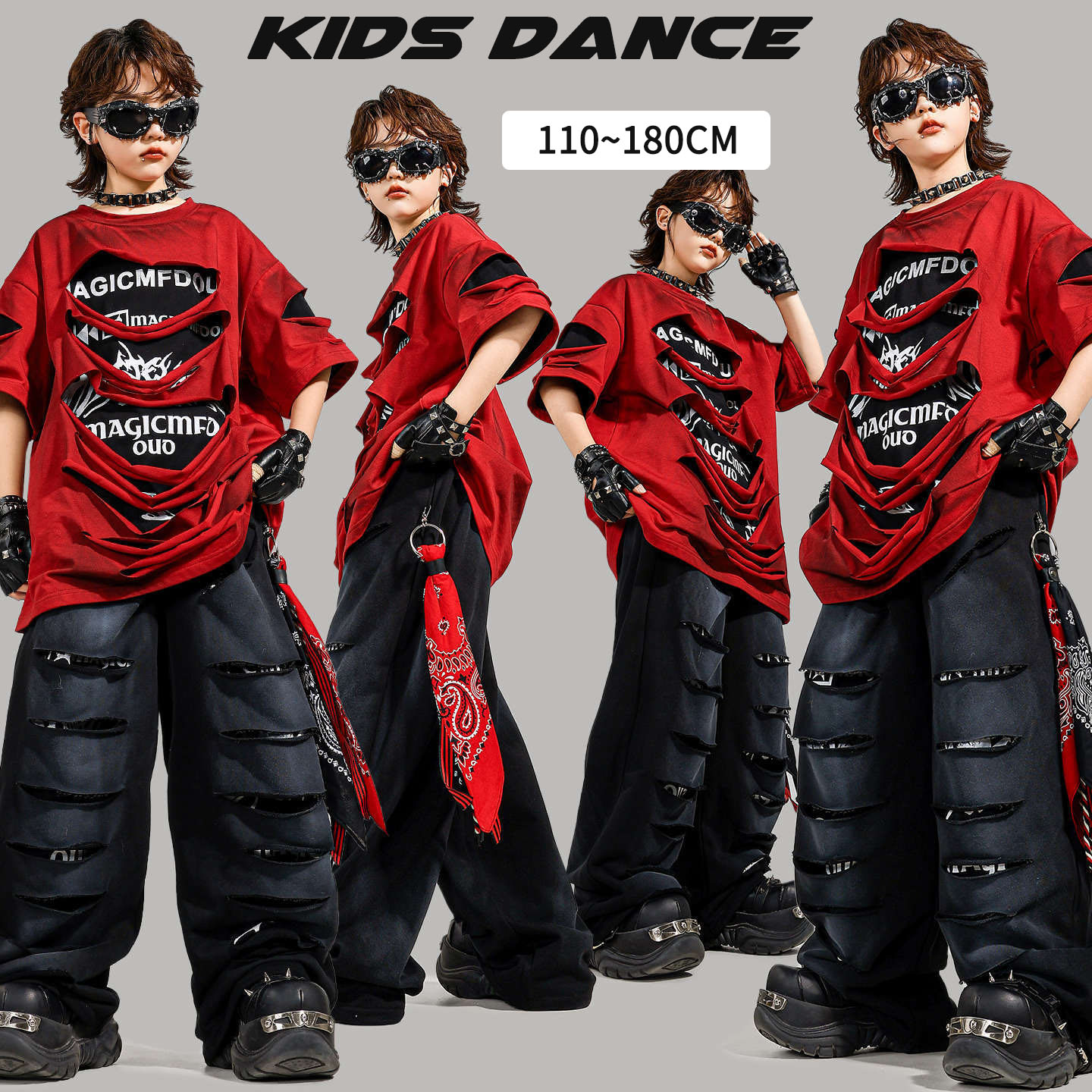 レッド tシャツ 穴付き ロングパンツ ダボ セットアップ キッズ ダンス衣装 ヒップホップ 衣装 女の子 男の子 カーゴパンツ 子供服 韓国 HIPHOP K-POP ダンスウェア ジャズ チアリーダー イベント 演出服 発表会 応援団 個性派 子ども 子供服 ストリート系