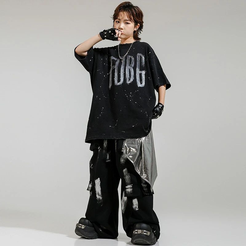 ブラック ダボ ゆったり セットアップ キッズ ダンス衣装 ヒップホップ 衣装 女の...