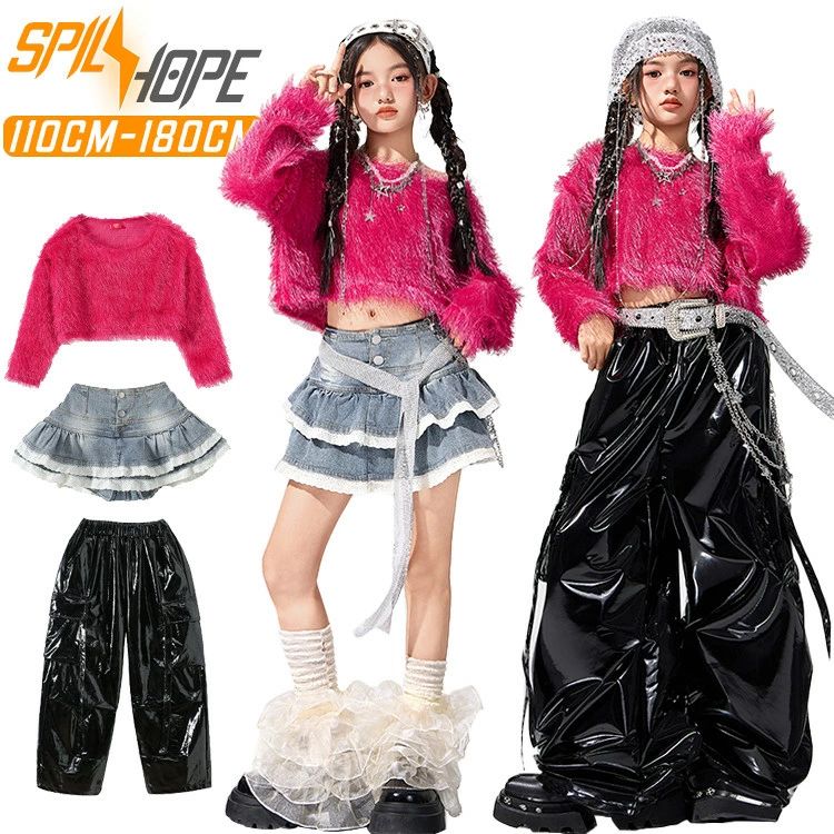 樂天商城 - ローズ トップス ファー キッズ ダンス衣装 セットアップ 女の子 デニム スカート レザーパンツ 韓国 jazz ジャズダンス おしゃれ かわいい かっこいい 長袖 ベルト 上下セット ダンスウエア ヒップホップ k-pop 舞台服 演出服 練習着 団体服 発表会 応援団 個性派 派手 春秋