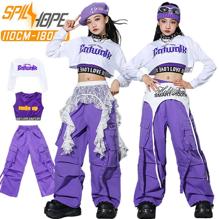 jazz 女の子 韓国 白トップス 紫 タンクトップ カーゴパンツ キッズ ダンス衣装 セットアップ 長袖 Tシャツ 腰飾り ジャズダンス おしゃれ かわいい かっこいい へそ出し 人気 ダンスウエア ヒップホップ k-pop 舞台服 演出服 練習着 団体服 発表会 応援団 個性 派手 春夏秋