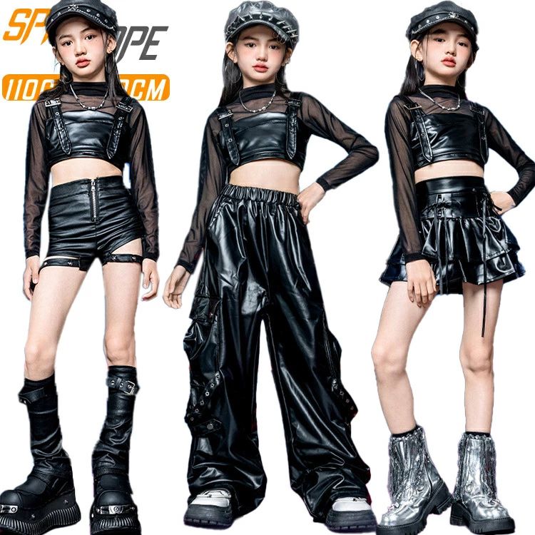 黒 レザー カーゴパンツ スカート ショートパンツ キッズ ダンス衣装 長袖 キャミ...