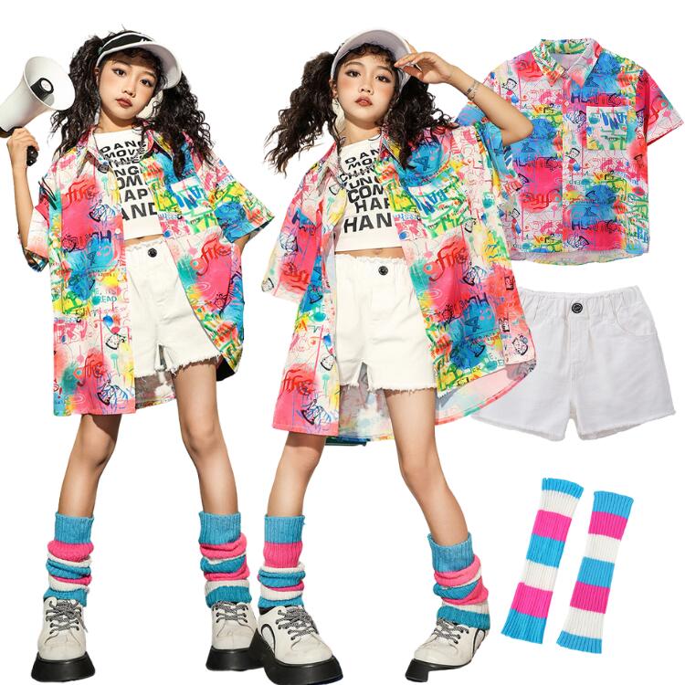Top & Bottom Sets - 柄シャツ カラフル キッズダンス衣装 セットアップ 子供服 レッグウォーマー キッズダンス 練習着 女の子 jazz キッズダンス衣装 セットアップ シャツ パンツ 白 ジャッズダンス 女子 ダンス衣装 キッズ K-POP 衣装 派手 おしゃれ
