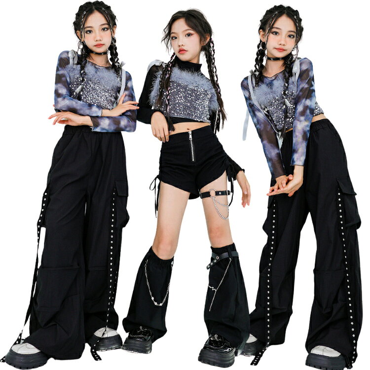 樂天商城 - ジャズダンス タイダイ柄 ステージ衣装 キッズダンス衣装 ヒップホップ ガールズ 黒 トップス チョッキ パンツ ショート丈 韓国風 子供服 k-pop 女の子 スパンコール ダンス衣装 セットアップ キッズ キラキラ 演出服 キッズダンス カーゴパンツ