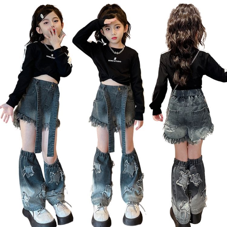 キッズダンス衣装 デニム セットアップ 子供服 デニムパンツ フリンジ レッグウォーマー ダンス ヒップホップ 衣装 ガールズ 派手 ダンス衣装 女の子 クロップド丈トップス へそ出し かっこいい 子供服 HIPHOP系 練習着 ダンス発表会 ストリート系