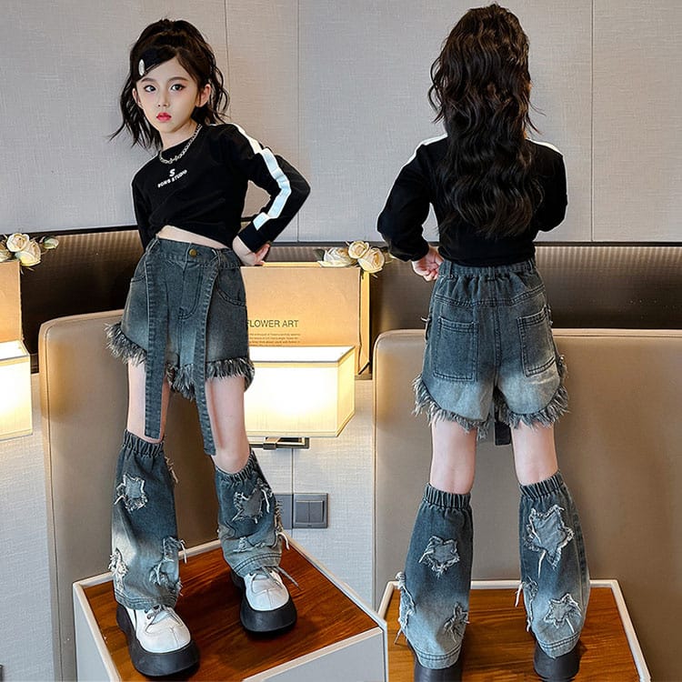 Akyron Styleのキッズダンス衣装 デニム セットアップ 子供服 デニムパンツ フリンジ レッグウォーマー ダンス ヒップホップ 衣装 ガールズ 派手 ダンス衣装 女の子 クロップド丈トップス へそ出し かっこいい 子供服 HIPHOP系 練習着 ダンス発表会 ストリート系｜アングル3
