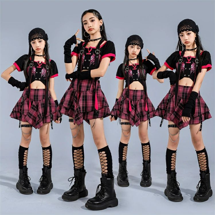 ダンス衣装 チェック柄 キッズダンス衣装 ピンク 黒 セットアップ ハート ジャズダ...