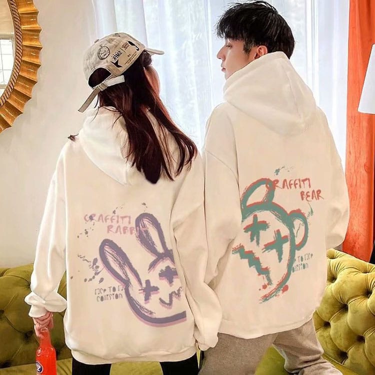 ペア カップル ペアルック カップル パーカー プリント 熊 兎 黒 白 秋冬春 ペアお揃い 派手 レディース メンズ ファション 写真撮り ..