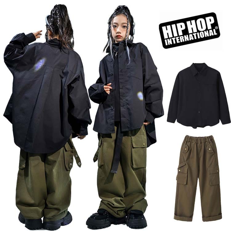 樂天商城 - キッズダンス衣装 セットアップ ヒップホップ 衣装 ガールズ シャツ 長袖 黒 カーゴパンツ カーキグリーン キッズダンス 練習着 ダンス発表会 かっこいい 子供服 ダンス衣装 k-pop 女の子 ゆるシャツ ロングパンツ ズボン ストリート系