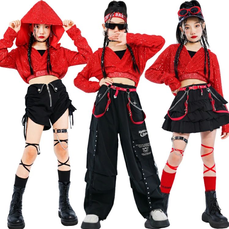 Rakuten - セットアップ 赤 黒 キラキラ フード付き デザイン トップス チョッキ パンツ ダンス衣装 応援団 ヒップホップ ダンスウェア 子供 ファッション 女の子 韓国 HIPHOP ガールズ キッズダンス 春 秋 冬 長袖 上下 jazz ステージ衣装 練習着 ジャズダンス 演出服 レッド ブラック
