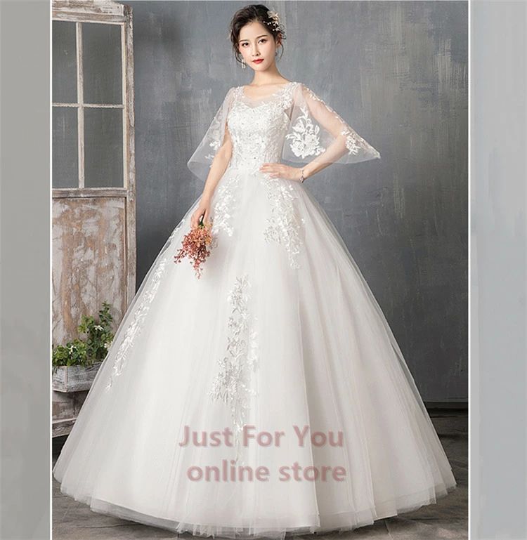 ★白 ウェディングドレス 袖あり 二次会ドレス wedding dress 格安 ウエディングドレス 大きいサイズ プリンセスライン 結婚式 二次会 花嫁 ドレス ブライダル ロングドレス 披露宴 二次会 挙式 編み上げ S/M/L/XL/2XL 2