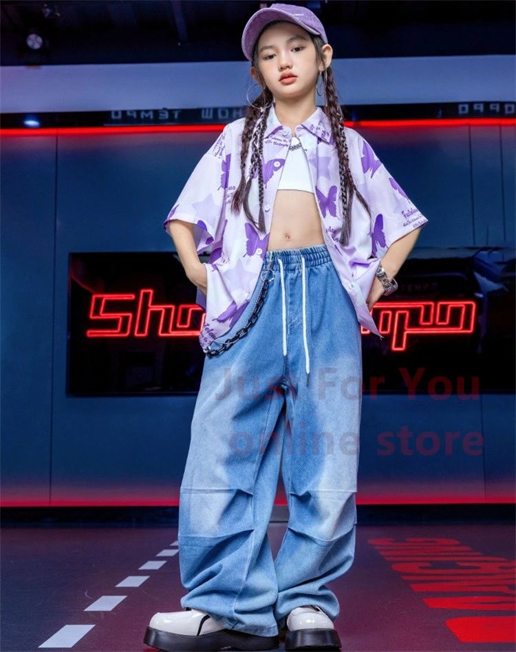 蝶 柄シャツ 派手 キッズダンス衣装 セットアップ アロハシャツ パンツ デニムパン...