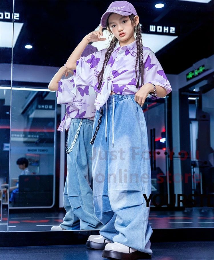 蝶 柄シャツ 派手 キッズダンス衣装 セットアップ アロハシャツ パンツ デニムパン...