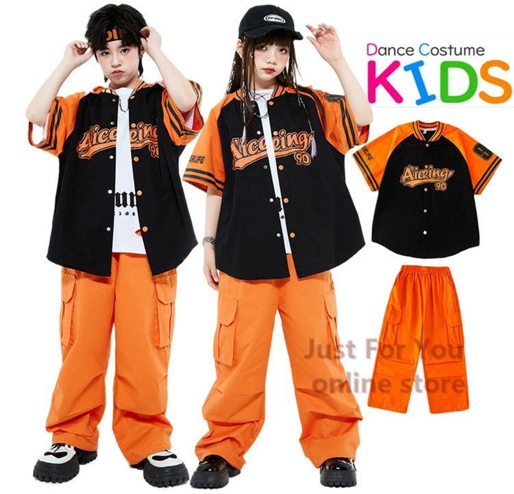 Rakuten - ［夏・新作］ 黒 橙色 ベースボールシャツ 野球服 キッズ ダンス衣装 セットアップ 柄シャツ 男の子 女の子 かっこいい ゆったり トップス カーゴパンツ 子供服 ヒップホップ ジャズダンス 韓国k-pop 発表会 演出服 練習着 ストリート系 おしゃれ