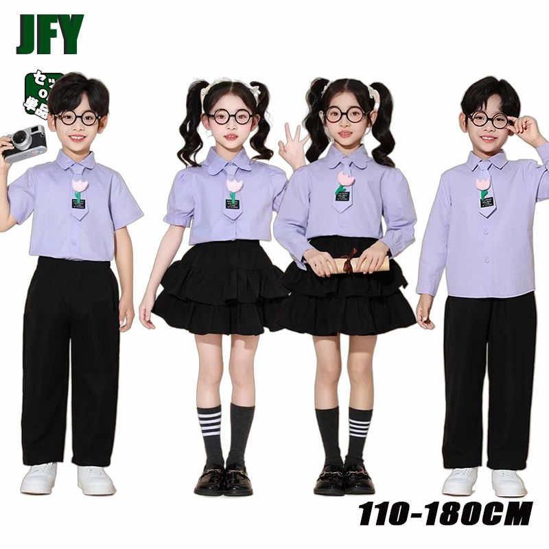 樂天商城 - 上下セット パープル 紫シャツ キッズダンス hiphop スカート パンツ 制服風 入学式 卒業式 長袖 ダンス衣装 キッズ 子供服 女の子 男の子 演出服 ティアードスカート 応援団 発表会 団体服 ネクタイ 靴下 団体イベント お揃い レッスン 練習着 記念 団体 幼稚園 保育園