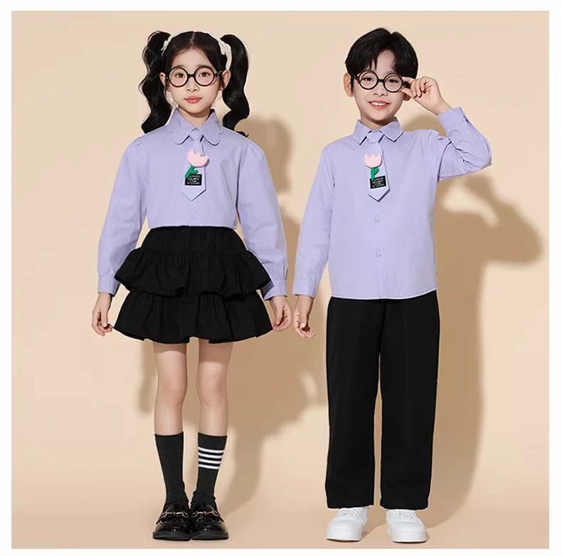 上下セット パープル 紫シャツ キッズダンス hiphop スカート パンツ 制服風 入学...
