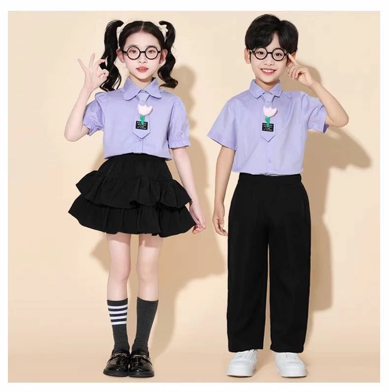 上下セット パープル 紫シャツ キッズダンス hiphop スカート パンツ 制服風 入学...