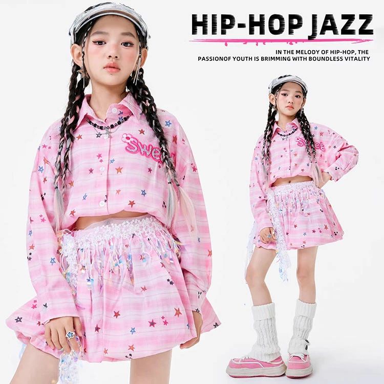 Rakuten - 星柄 へそ出し シャツ キッズダンス衣装 セットアップ ヒップホップ キッズ 子供服 女の子 桜色 シャツ 長袖 スカート ピンク hiphop 韓国 子供ダンス 発表会 団体服 発表会 チューリップスカート お揃い レッスン着 卒業 記念写真 舞台 おしゃれ 練習着 派手 かわいい