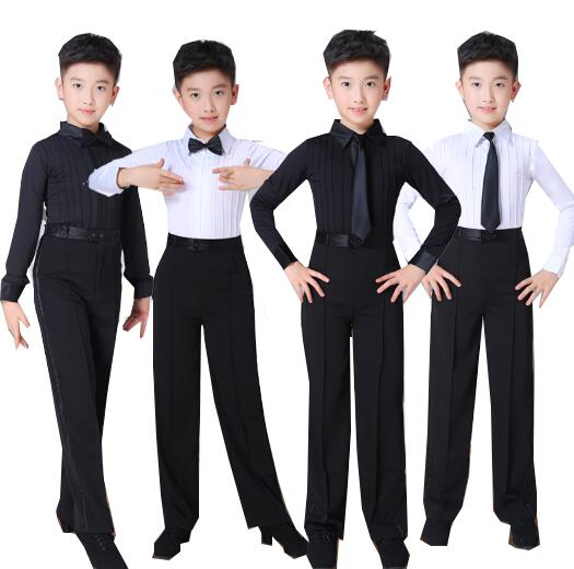 Rakuten - 男の子ラテン舞台演出服　単品/上下セットアップ　リボン/ネクタイ　長袖シャツ　ロング丈パンツ　無地　子供ラテンダンス衣装ジャッズダンスウェア 練習服 ダンスウエア/ステッジ演出衣装　舞台/発表会演奏会