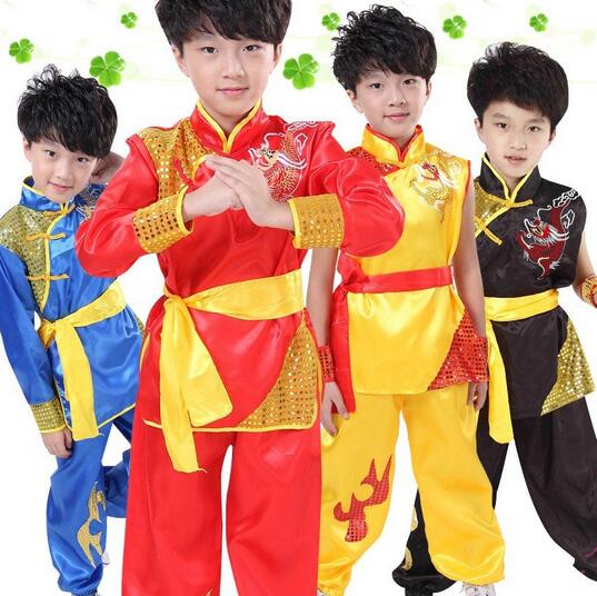 Combat Sports - 中華風チャイナ服上下セット 中式龍柄 子供用太極拳服 カンフー着 子ども 袖なし/長袖2タイプ 太極拳服 カンフー服 キッズ 女の子　男の子　舞台演出服