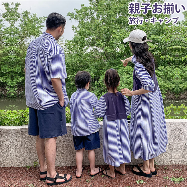 樂天商城 - 夏 親子服 ワンピース レディース リンクコーデ 親子セット シャツ 縞柄 ネイビー メンズ 親子ペアルック おそろい服 親子服 家族 ママと娘 父と息子 お揃い服 重ね着風 tシャツ 親子コーデ キッズ服 子供服 姉妹 兄弟 出かけ着 家族 韓国 ファッション プレゼント